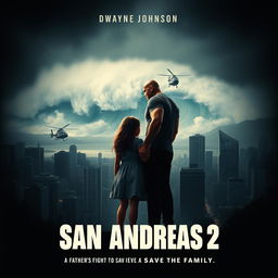 An intense movie poster for 'San Andreas 2', focusing on the emotional connection between two main characters, Dwayne Johnson and a little girl, who stand on the edge of a darkened cityscape, gazing towards an impending tsunami