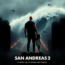 An intense movie poster for 'San Andreas 2', focusing on the emotional connection between two main characters, Dwayne Johnson and a little girl, who stand on the edge of a darkened cityscape, gazing towards an impending tsunami