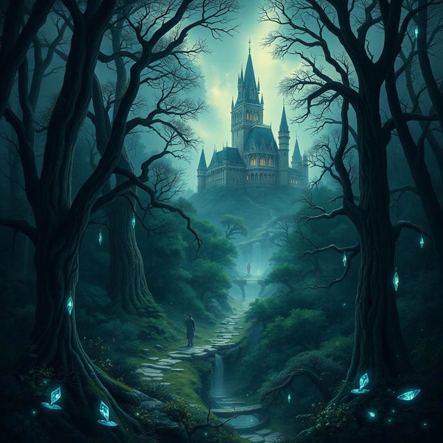 An enchanting book cover illustration for a fantasy story, showcasing a dark, mystical forest bathed in soft, magical light