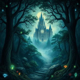 An enchanting book cover illustration for a fantasy story, showcasing a dark, mystical forest bathed in soft, magical light