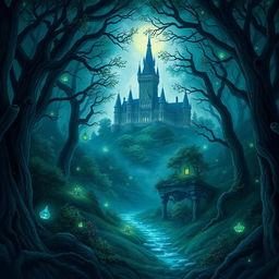 An enchanting book cover illustration for a fantasy story, showcasing a dark, mystical forest bathed in soft, magical light