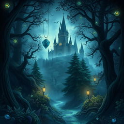 An enchanting book cover illustration for a fantasy story, showcasing a dark, mystical forest bathed in soft, magical light