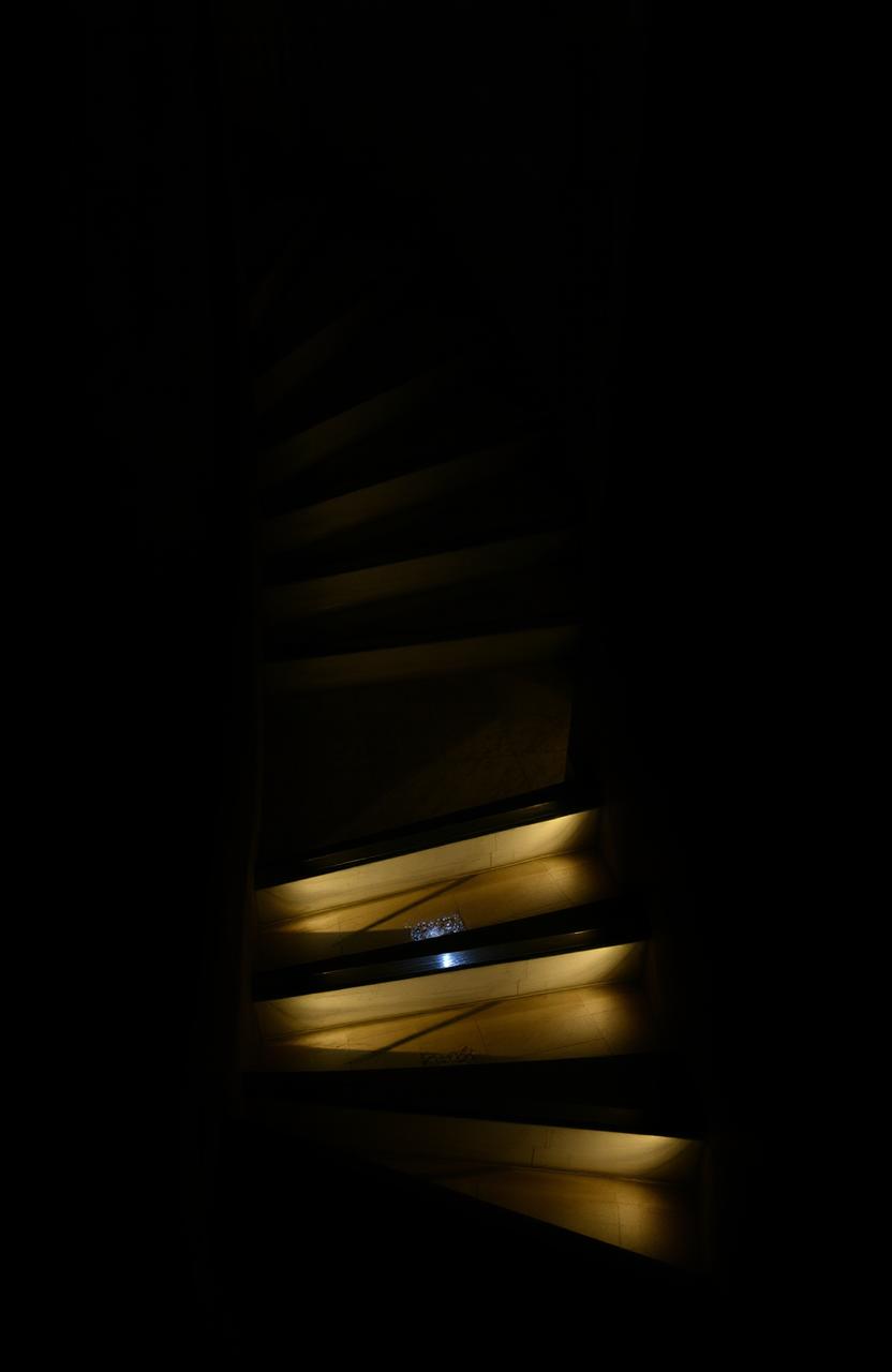 A set of stairs spiraling down into darkness, illuminated by soft, glowing lights along the edges