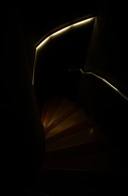 A set of stairs spiraling down into darkness, illuminated by soft, glowing lights along the edges