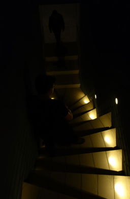 A set of stairs spiraling down into darkness, illuminated by soft, glowing lights along the edges
