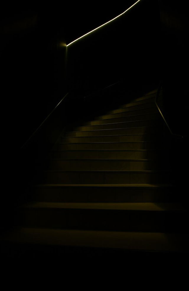 A set of stairs spiraling down into darkness, illuminated by soft, glowing lights along the edges