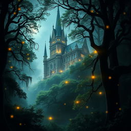 A magical cover picture for a fantasy book, showcasing a mysterious dark forest filled with enchanting light