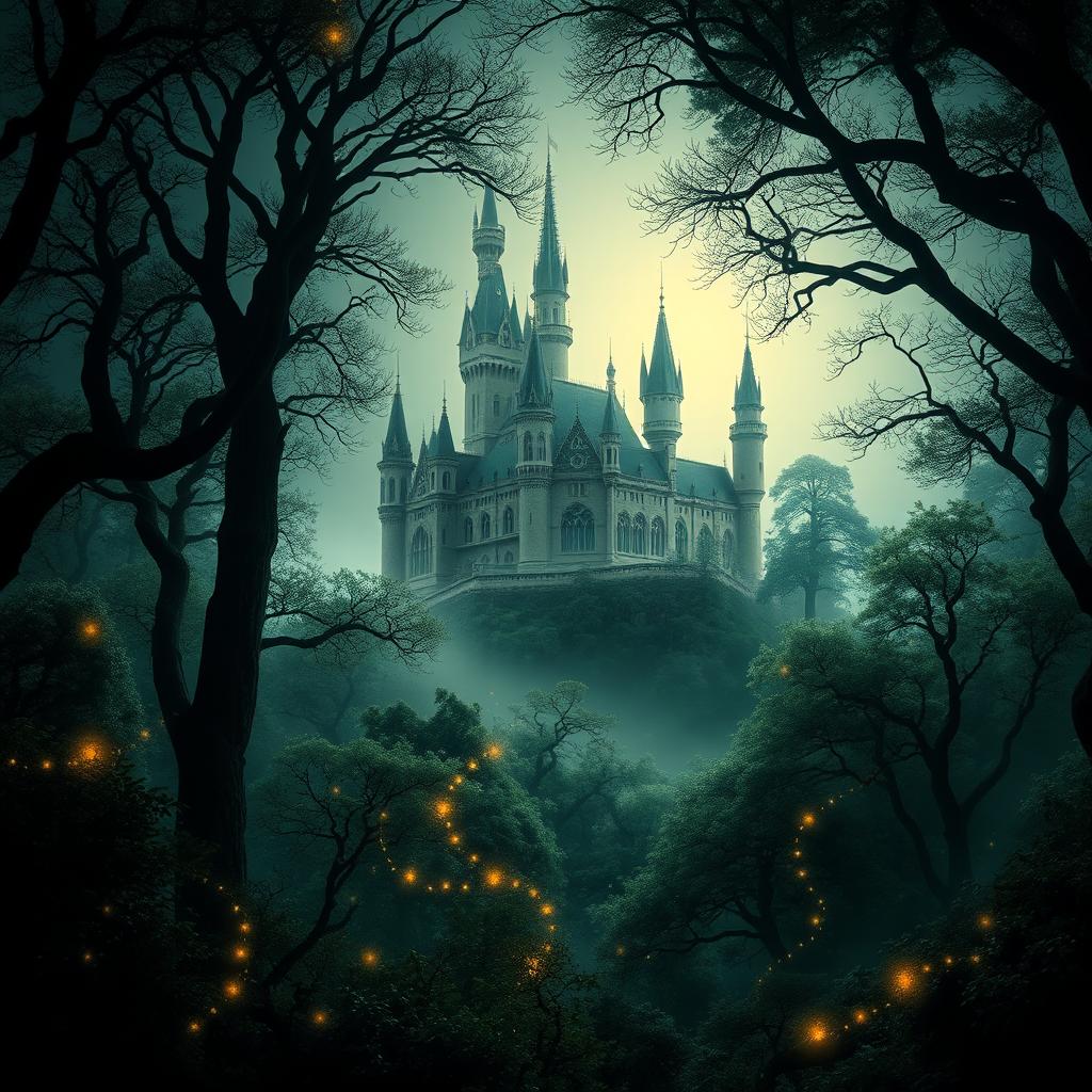 A magical cover picture for a fantasy book, showcasing a mysterious dark forest filled with enchanting light