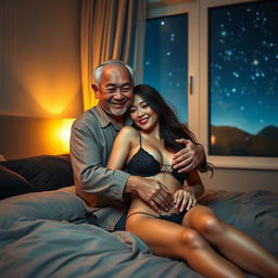 An old Chinese man with a warm smile, gently hugging a beautiful and sexy woman in a softly lit bedroom at night