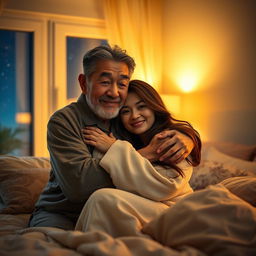 An old Chinese man with a warm expression, gently hugging a beautiful woman in a cozy bedroom at night