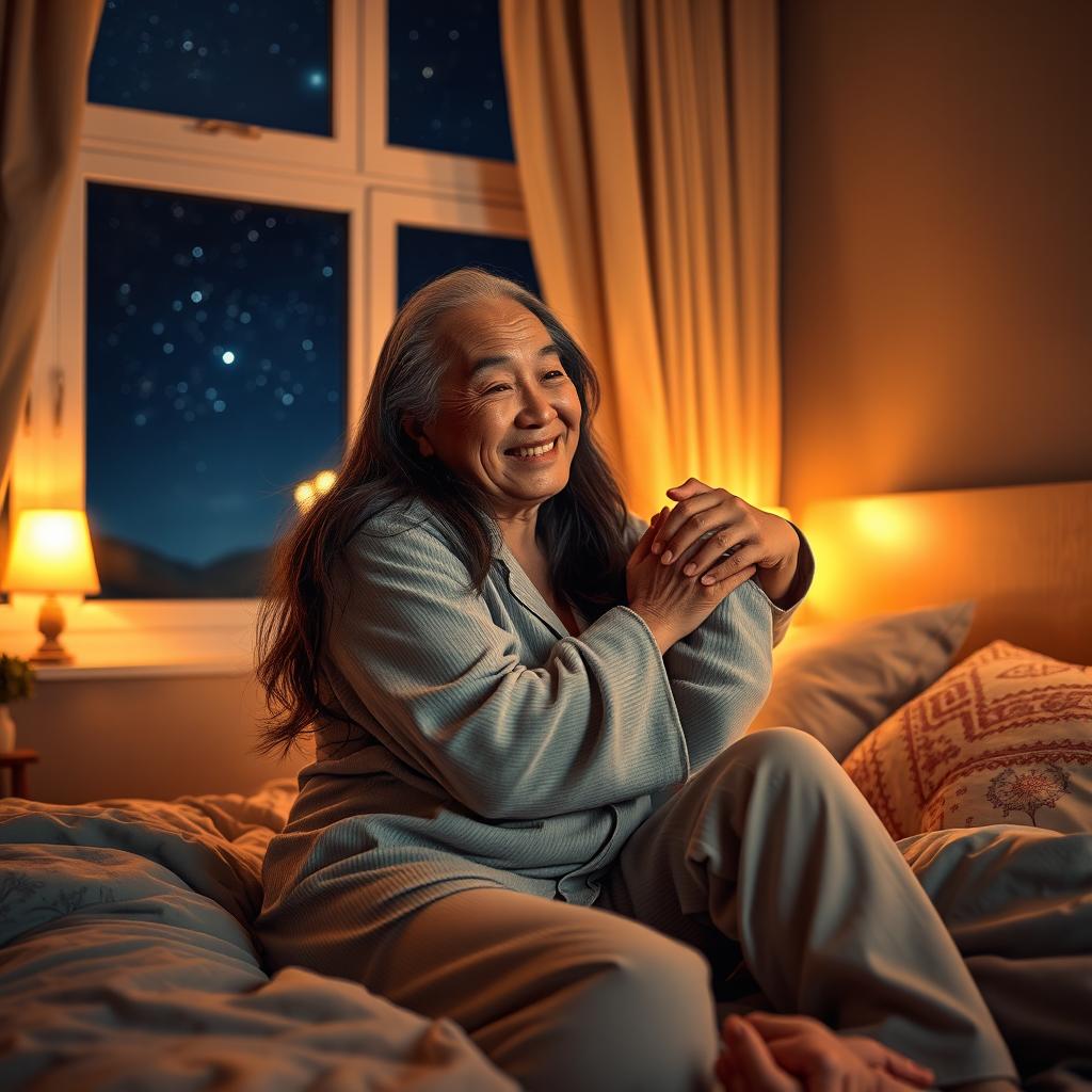 An old Chinese man with a warm expression, gently hugging a beautiful woman in a cozy bedroom at night