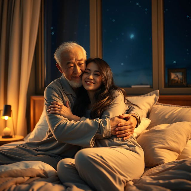 An old Chinese man with a warm expression, gently hugging a beautiful woman in a cozy bedroom at night