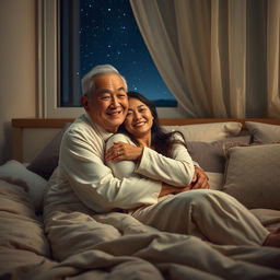 An old Chinese man with a gentle smile, warmly hugging a beautiful woman in a cozy bedroom at night