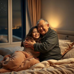 An old Chinese man with a gentle smile, warmly hugging a beautiful woman in a cozy bedroom at night
