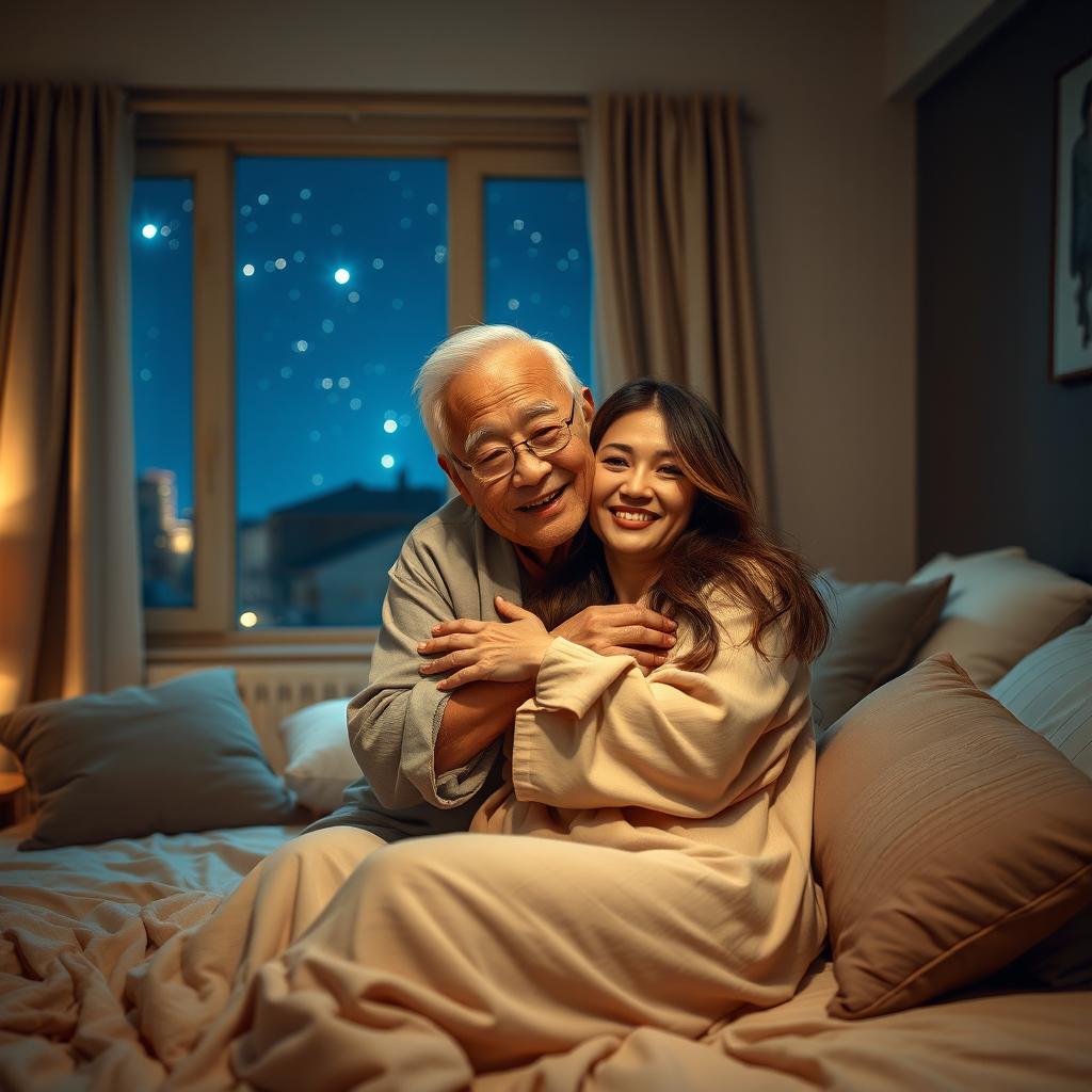 An old Chinese man with a gentle smile, warmly hugging a beautiful woman in a cozy bedroom at night