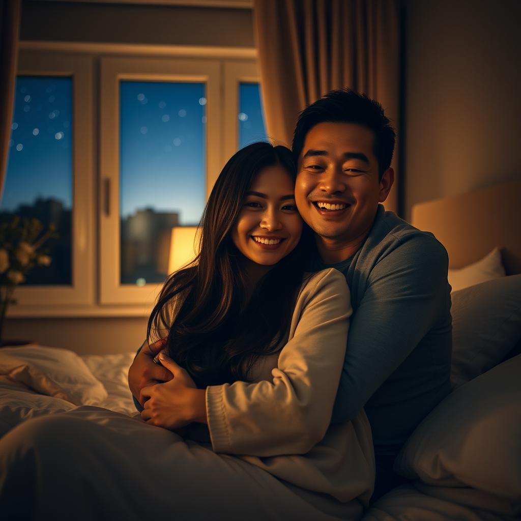 A Chinese man with a kind smile, embracing a beautiful woman in a warmly decorated bedroom at night