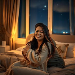 A Chinese man with a kind smile, embracing a beautiful woman in a warmly decorated bedroom at night