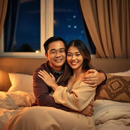 A Chinese man with a kind smile, embracing a beautiful woman in a warmly decorated bedroom at night