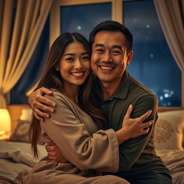 A Chinese man with a kind smile, embracing a beautiful woman in a warmly decorated bedroom at night