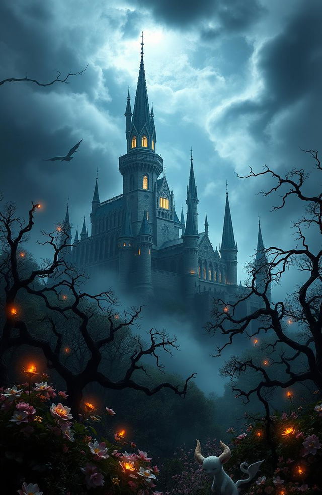 A breathtaking dark fantasy scene featuring a majestic castle amidst a foreboding dark forest