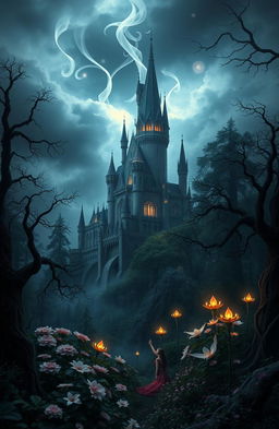 A breathtaking dark fantasy scene featuring a majestic castle amidst a foreboding dark forest