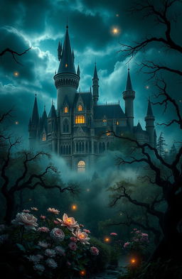 A breathtaking dark fantasy scene featuring a majestic castle amidst a foreboding dark forest