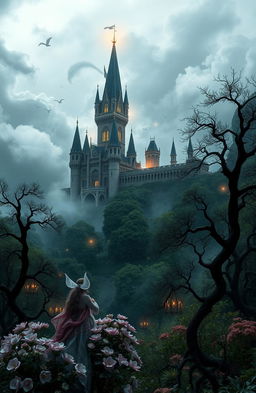A breathtaking dark fantasy scene featuring a majestic castle amidst a foreboding dark forest