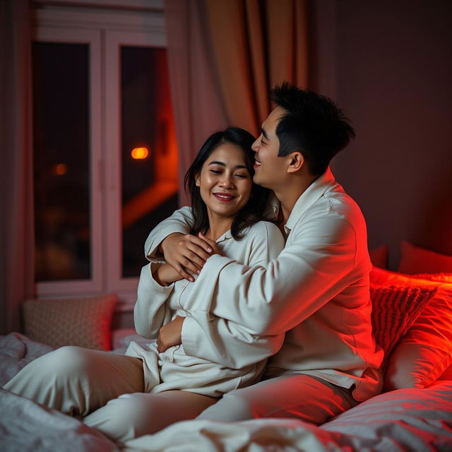 A Chinese man affectionately hugging and kissing his wife in comfortable pajamas inside a cozy bedroom at night