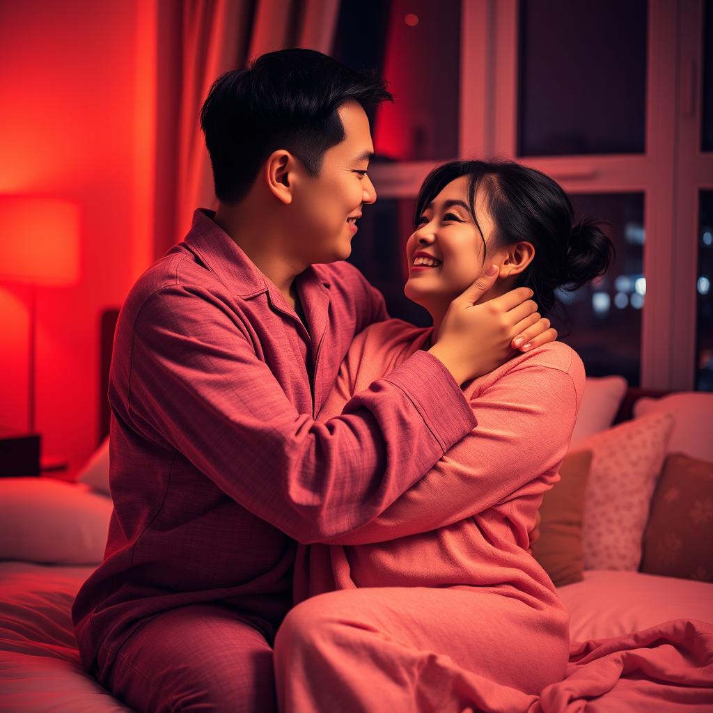 A Chinese man affectionately hugging and kissing his wife in comfortable pajamas inside a cozy bedroom at night