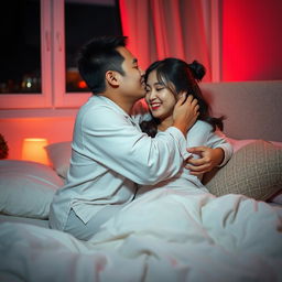 A Chinese man affectionately hugging and kissing his wife in comfortable pajamas inside a cozy bedroom at night