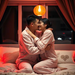 A Chinese man affectionately hugging and kissing his wife in comfortable pajamas inside a cozy bedroom at night