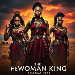 A powerful movie poster for 'The Woman King', featuring Viola Davis, Thuso Mbedu, and Lashana Lynch in striking, warrior poses