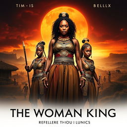 A powerful movie poster for 'The Woman King', featuring Viola Davis, Thuso Mbedu, and Lashana Lynch in striking, warrior poses