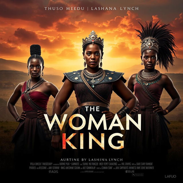 A powerful movie poster for 'The Woman King', featuring Viola Davis, Thuso Mbedu, and Lashana Lynch in striking, warrior poses