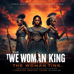 A powerful movie poster for 'The Woman King', featuring Viola Davis, Thuso Mbedu, and Lashana Lynch in striking, warrior poses