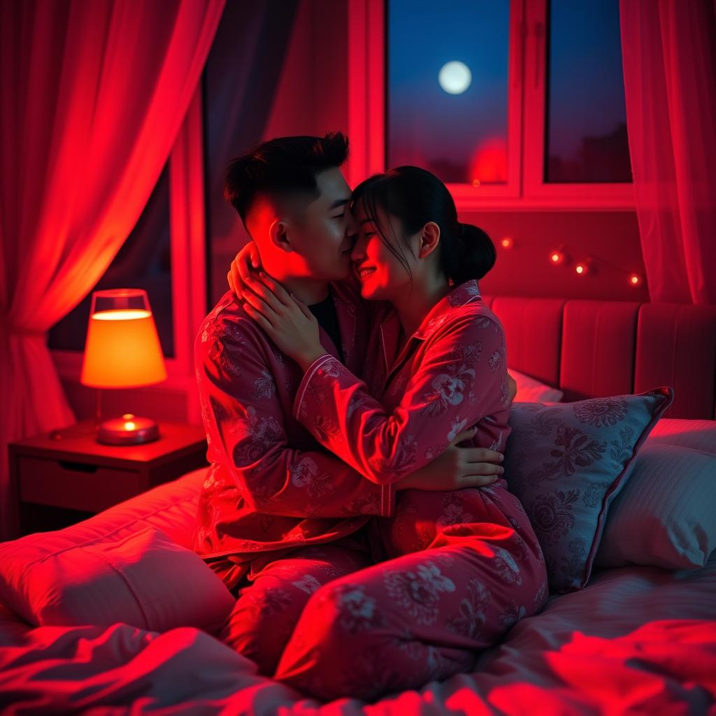 A Chinese man tenderly hugging and kissing his wife in matching pajamas inside their cozy bedroom at night