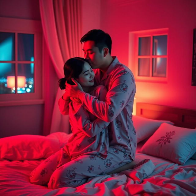 A Chinese man tenderly hugging and kissing his wife in matching pajamas inside their cozy bedroom at night