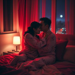 A Chinese man tenderly hugging and kissing his wife in matching pajamas inside their cozy bedroom at night