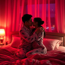 A Chinese man tenderly hugging and kissing his wife in matching pajamas inside their cozy bedroom at night