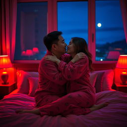 A Chinese man warmly hugging and kissing his wife in matching pajamas inside their intimate bedroom at night