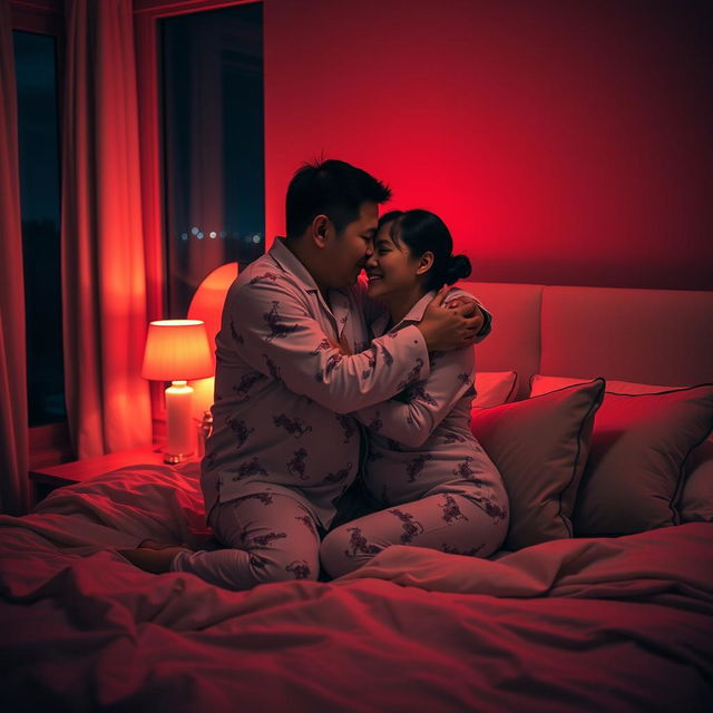 A Chinese man warmly hugging and kissing his wife in matching pajamas inside their intimate bedroom at night