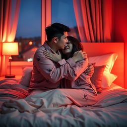 A Chinese man warmly hugging and kissing his wife in matching pajamas inside their intimate bedroom at night