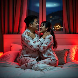 A Chinese man warmly hugging and kissing his wife in matching pajamas inside their intimate bedroom at night