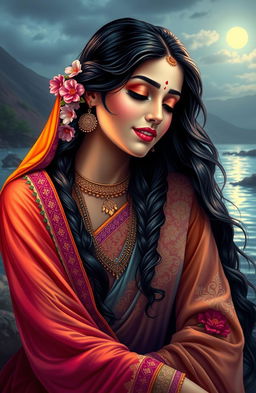 A beautiful depiction of Meera Bai, the revered poetess and devotee of Lord Krishna, dressed in traditional Rajasthani attire with intricate embroidery and vibrant colors