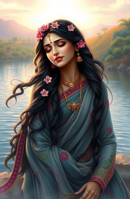 A beautiful depiction of Meera Bai, the revered poetess and devotee of Lord Krishna, dressed in traditional Rajasthani attire with intricate embroidery and vibrant colors