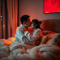 A Chinese man lovingly hugging and kissing his wife in matching pajamas in their warm and inviting bedroom at night