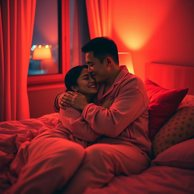 A Chinese man lovingly hugging and kissing his wife in matching pajamas in their warm and inviting bedroom at night