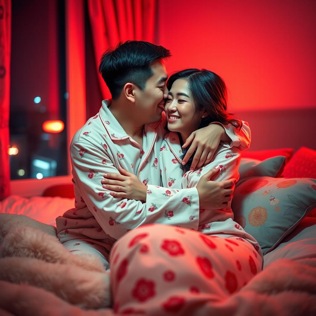 A Chinese man lovingly hugging and kissing his wife in matching pajamas in their warm and inviting bedroom at night