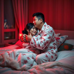 A Chinese man lovingly hugging and kissing his wife in matching pajamas in their warm and inviting bedroom at night