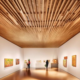 Design an interactive exhibition area within an art museum, brimming with engaging objects and artifacts. Above, a traditional wooden ceiling provides a captivating backdrop to the interactivity below.